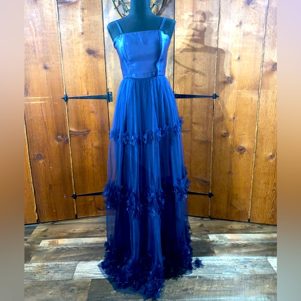 Macy’s A Line Spagetti Straps Navy Blue Prom Dress